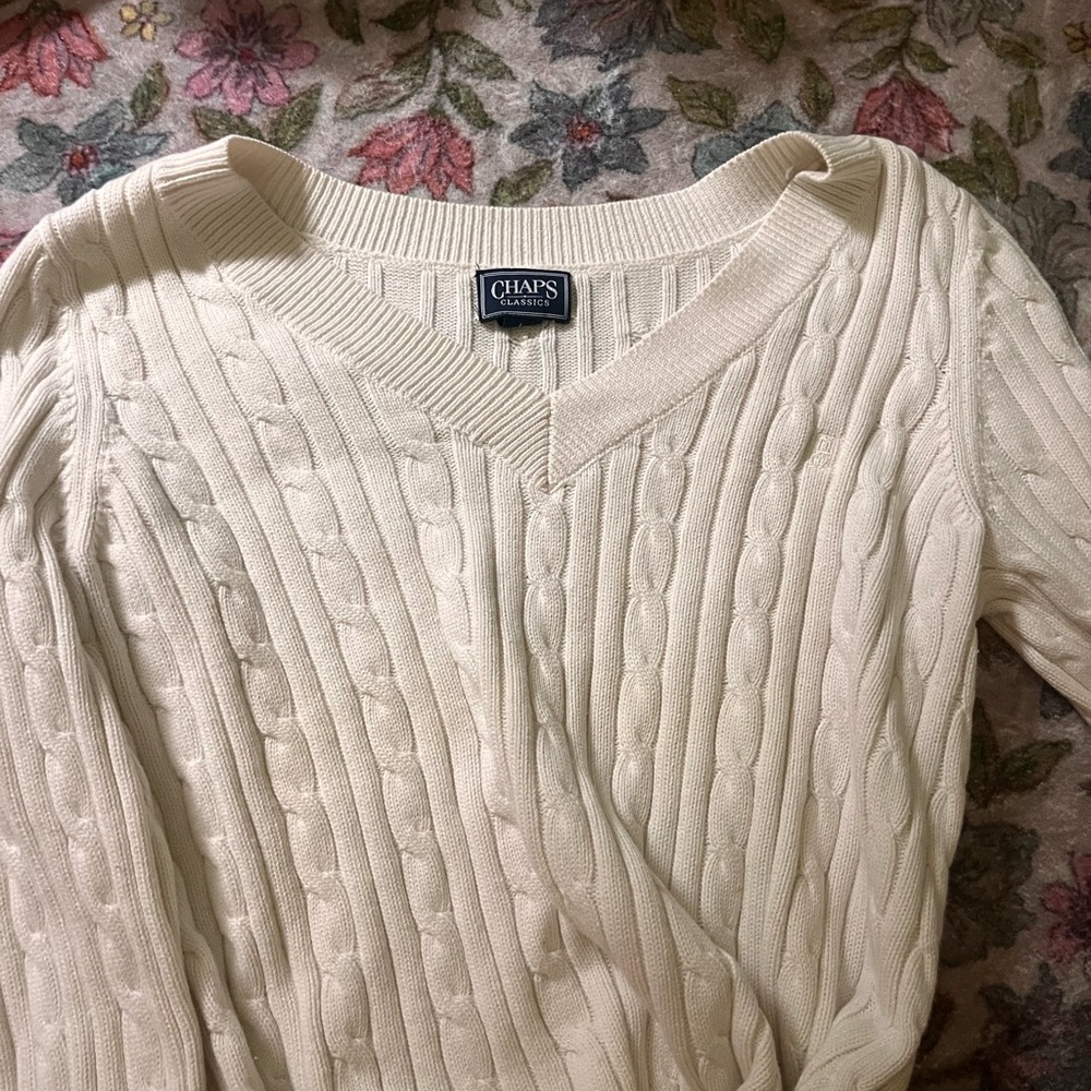 Chaps Cream V-Neck Cable Knit Sweater
